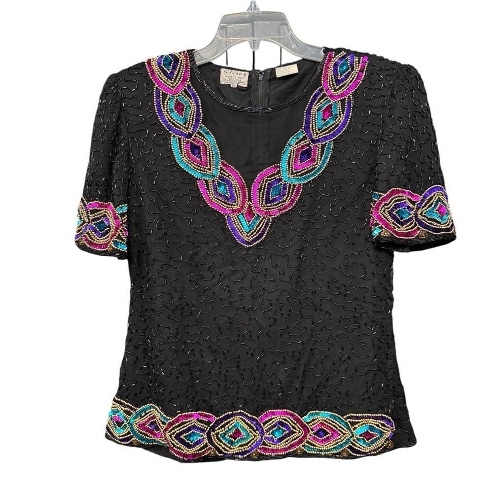 Stenay Black Silk Beaded Embellished Evening Top Women’s Size M